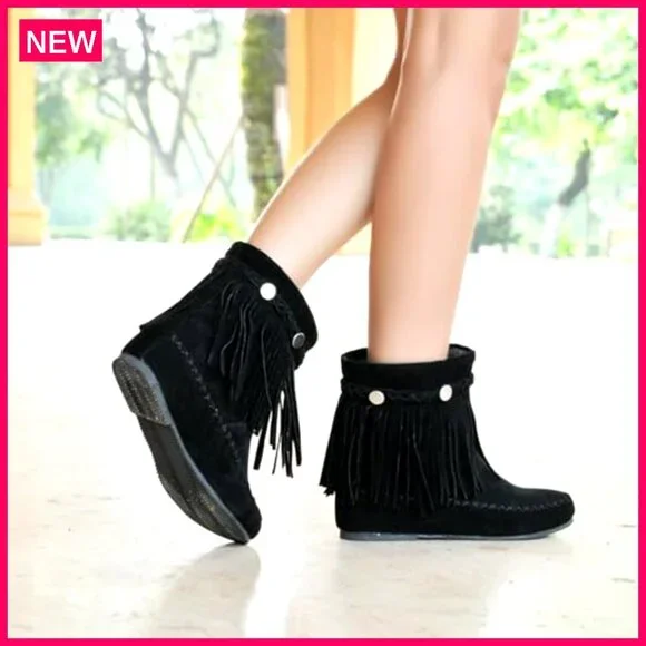 Suede Tassel Ankle Boots Hidden Wedge Heel Western Booties Slip On